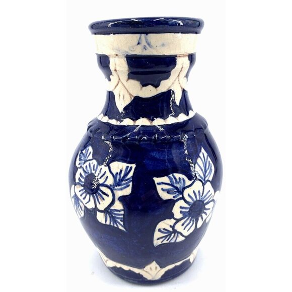 Redware Vase Mexican Blue & White Pottery Hand Painted 5" Vtg - Picture 1 of 6